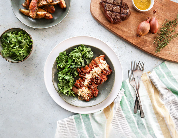 Grilled Striploin Steaks with Butter and Dijon Sauce