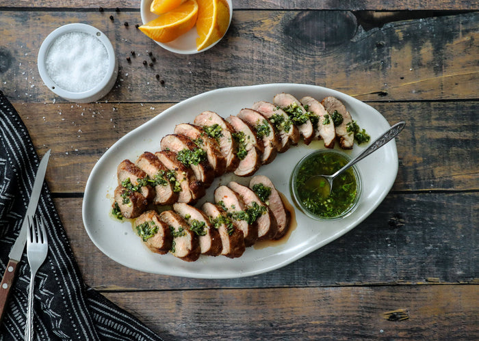 Orange and Cumin-Marinated Nagano Pork Tenderloin with Cilantro Sauce