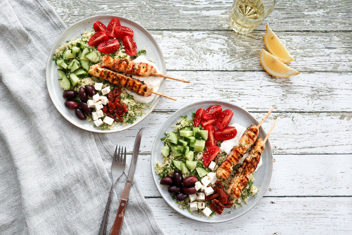 mezze bowl with chicken souvlaki