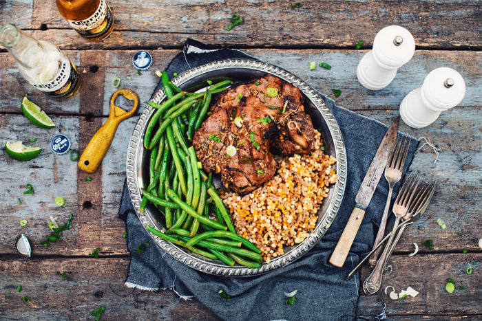 veal chops, couscous, green beans