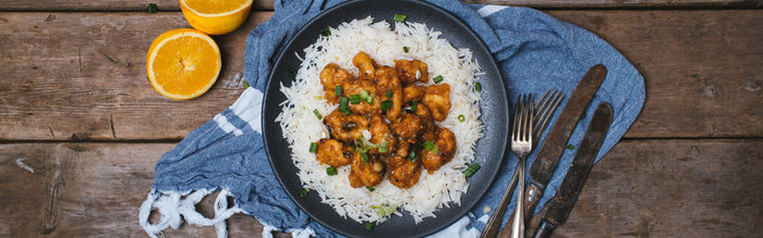 orange chicken on rice