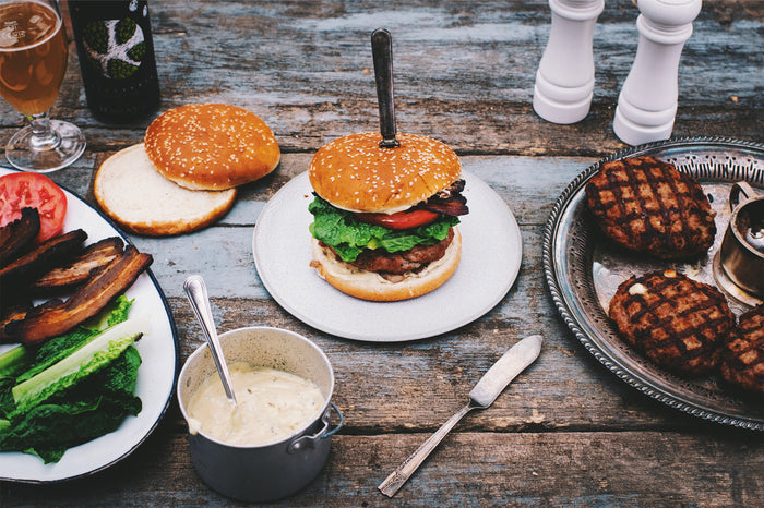 burger, bacon, vegetables, patties
