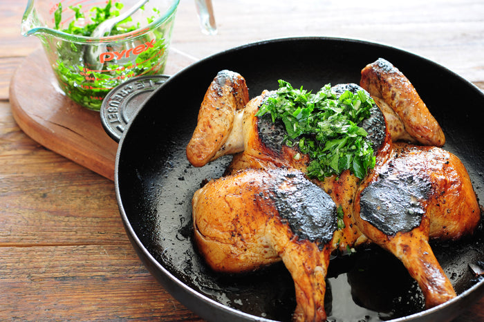 flattened chicken in cast iron