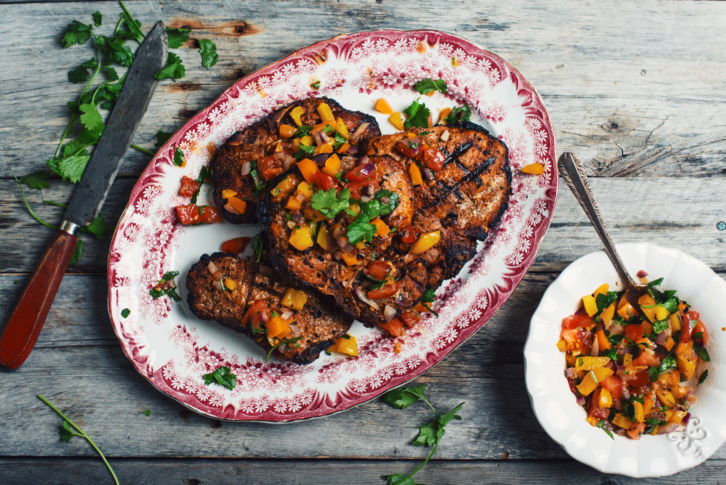 grilled pork chops, vegetables salsa